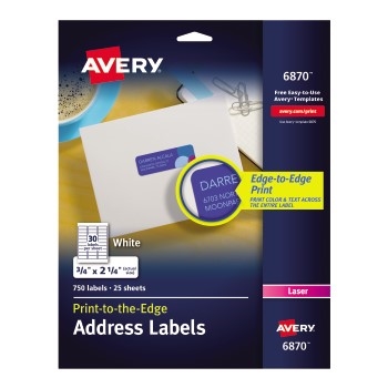 Avery Return Address Labels, Print to the Edge, Permanent Adhesive, 3/4&quot; x 2 1/4&quot;, 750/PK