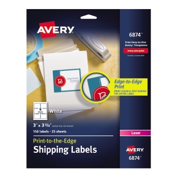 Avery Shipping Labels, Print to the Edge, Permanent Adhesive, 3&quot; x 3 3/4&quot;, 150/PK