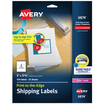 Avery Print To The Edge Laser Color Shipping Labels, 3&quot; x 3-3/4&quot;, White, 150/Pack