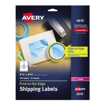 Avery Shipping Labels, Print to the Edge, Permanent Adhesive, 3 3/4&quot; x 4 3/4&quot;, 100/PK