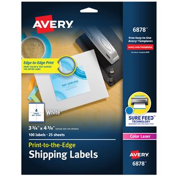 Avery Print To The Edge Laser Color Shipping Labels, 3-3/4&quot; x 4-3/4&quot;, White, 100/Pack