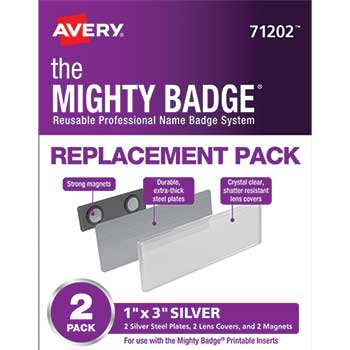 Avery The Mighty Badge&#174;, Horizontal, 1&quot; x 3&quot;, Holders Only, Silver, 2/PK