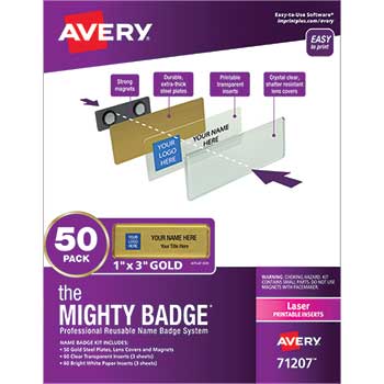 Avery The Mighty Badge&#174;, Horizontal, 1&quot; x 3&quot;, Laser, Gold, 50 Holders and 120 Inserts/PK