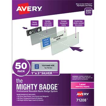 Avery The Mighty Badge&#174;, Horizontal, 1&quot; x 3&quot;, Laser, Silver, 50 Holders and 120 Inserts/PK