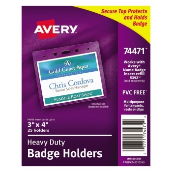 Avery Heavy-Duty Badge Holders, Landscape, 3&quot; x 4&quot;, 25/PK