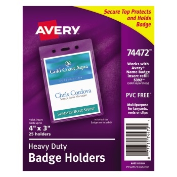 Avery Heavy-Duty Badge Holders, Portrait, 4&quot; x 3&quot;, 25/PK