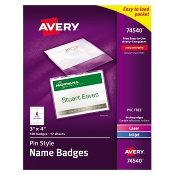Avery Top-Loading Pin-Style Name Badges, 3&quot; x 4&quot;, 100/BX
