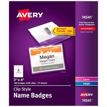 Avery Clip Style Name Badges, 3&quot; x 4&quot;,  100/Box