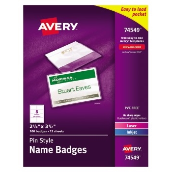 Avery Top-Loading Pin-Style Name Badges, 2 1/4&quot; x 3 1/2&quot;, 100/BX