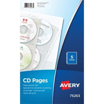 Avery Clear Ring Binder CD Pages, 4 CD/DVD Capacity/ Sheet, 5 Sheets/PK
