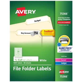 Avery TrueBlock File Folder Labels, Printable Labels, 2/3 in x 3-7/16 in, White, 1,800/Pack