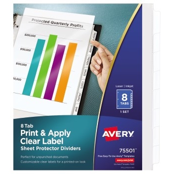 Avery Print &amp; Apply Clear Label Sheet Protector Dividers, Index Maker&#174; Easy Peel™ Printable Labels, 8/ST