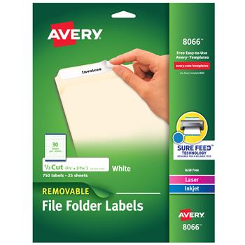 Avery File Folder Labels with Sure Feed, Printable Labels, Removable, 2/3 in x 3 7/16 in, White, 750/Pack