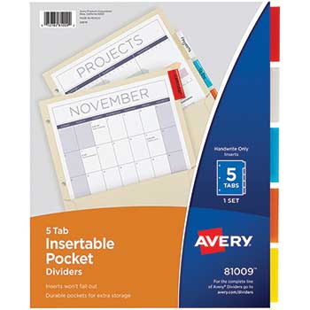 Avery Insertable Dividers with Pockets, Manila Paper, 5-Tab Set, Multicolor, 24 ST/CT