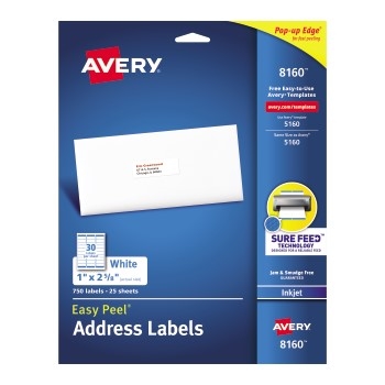 Avery Easy Peel&#174; Address Labels, Inkjet, Sure Feed™ Technology, Permanent Adhesive, 1&quot; x 2 5/8&quot;, 750/PK