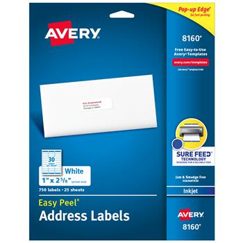 Avery Inkjet Easy Peel Address Labels, 1&quot; x 2.63&quot;, White, 750 Labels