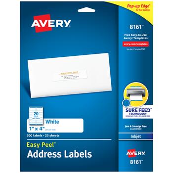 Avery Inkjet Easy Peel Address Labels, 1&quot; x 4&quot;, White, 500 Labels