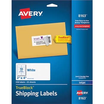 Avery Shipping Labels, Inkjet, TrueBlock&#174; Technology, Permanent Adhesive, 2&quot; x 4&quot;, 250/PK