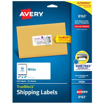 Avery TrueBlock Inkjet Shipping Labels, 2&quot; x 4&quot;, White, 250/Pack