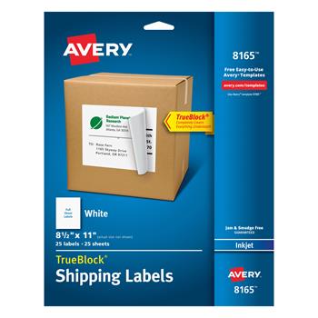 Avery TrueBlock Inkjet Shipping Labels, 8-1/2&quot; x 11&quot;, White, 25/Pack