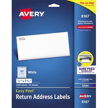 Avery Easy Peel&#174; Return Address Labels, Inkjet, Sure Feed™ Technology, Permanent Adhesive, 1/2&quot; x 1 3/4&quot;, 2000/PK