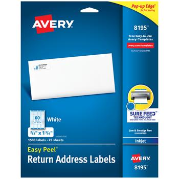 Avery Inkjet Easy Peel Return Address Labels, 0.33&quot; x 1.75&quot;, White, 1500 Labels
