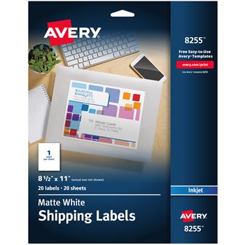 Avery Inkjet Shipping Labels, 8-1/2&quot; x 11&quot;, Matte White, 20/Pack