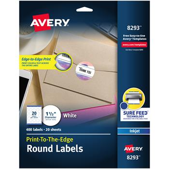 Avery Inkjet Print-to-the-Edge Round Labels, 1.5&quot;, White, 400 Labels
