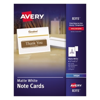 Avery Note Cards with Envelopes, Matte, Two-Sided Printing, 4 1/4&quot; x 5 1/2&quot;, 60/BX