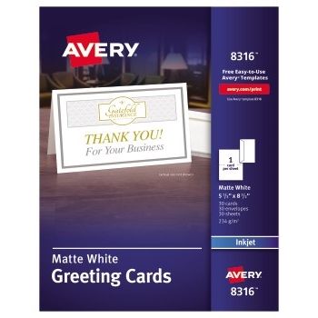 Avery Printable Greeting Cards with Envelopes For Inkjet Printers, Half-Fold, Matte, 5.5&quot; x 8.5&quot;, White, 30 Cards/Box