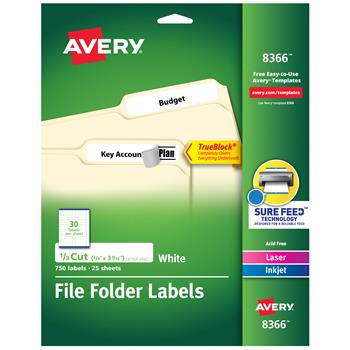Avery File Folder Labels with TrueBlock Technology, Permanent Adhesive, 2/3 in x 3 7/16 in, Laser/Inkjet, 750/Pack