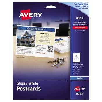 Avery Printable Postcards For Inkjet Printers, Glossy, 4.25&quot; x 5.5&quot;, White, 4 Cards/Sheet, 25 Sheets/Box