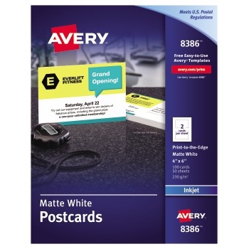 Avery Printable Postcards For Inkjet Printers, Matte, 4&quot; x 6&quot;, White, 2 Cards/Sheet, 50 Sheets/Box