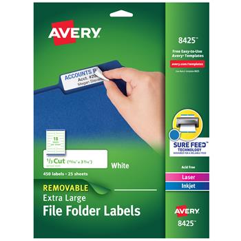 Avery Extra Large File Folder Labels, Printable Labels, Removable, 15/16 in x 3 7/16 in, White, 450/Pack