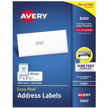 Avery Easy Peel&#174; Inkjet Address Labels, Sure Feed™ Technology, Permanent Adhesive, 1&quot; x 2 5/8&quot;, 3000/BX