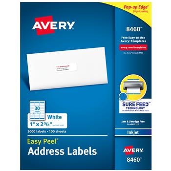 Avery Inkjet Easy Peel Address Labels, 1&quot; x 2.63&quot;, White, 3000 Labels