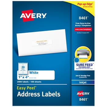 Avery Inkjet Easy Peel Address Labels, 1&quot; x 4&quot;, White, 2000 Labels