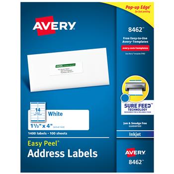 Avery Inkjet Easy Peel Address Labels, 1.33&quot; x 4&quot;, White, 1400 Labels