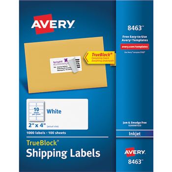 Avery Shipping Labels, Inkjet, TrueBlock&#174; Technology, Permanent Adhesive, 2&quot; x 4&quot;, 1000/BX