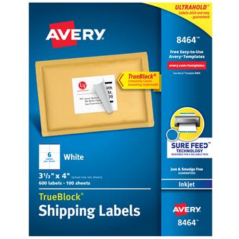 Avery TrueBlock Inkjet Shipping Labels, 3-1/3&quot; x 4&quot;, White, 600/Box