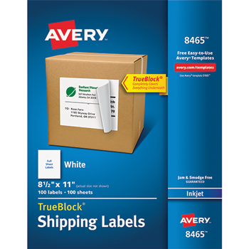 Avery Shipping Labels, TrueBlock&#174; Technology, Permanent Adhesive, 8 1/2&quot; x 11&quot;, 100/BX