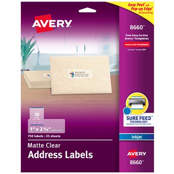 Avery Inkjet Address Labels, Matte, 1&quot; x 2.63&quot;, Clear, 750 Labels