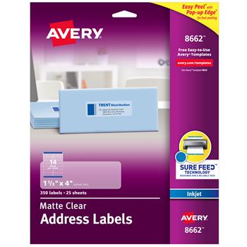 Avery Inkjet Address Labels, Matte, 1.33&quot; x 4&quot;, Clear, 350 Labels