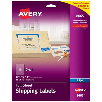 Avery Inkjet Full Sheet Shipping Labels, 8-1/2&quot; x 11&quot;, Clear, 25/Pack