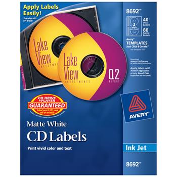 Avery CD Labels, Permanent Adhesive, Matte White, 40 Face Labels and 80 Spine Labels/Pack