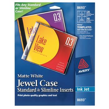 Avery Jewel Case Standard and Slimline Inserts, Matte White, 20 Inserts/Pack