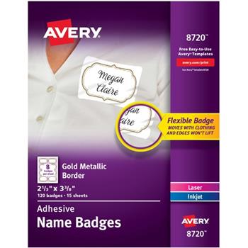 Avery Self-Adhesive Removable Name Tag Labels, 3.38&quot; x 2.33&quot;, Gold Metallic Border 120 /PK