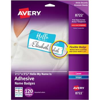 Avery Self-Adhesive Removable &quot;Hello My Name Is&quot; Name Tags, 3-3/8&quot; x 2-1/3&quot;, Assorted Colors, 120/PK