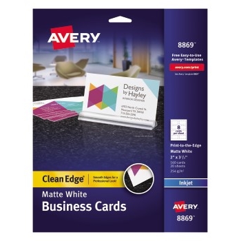 Avery Inkjet Clean Edge Business Cards with Two-Sided Printing, Matte, 2&quot; x 3.5&quot;, White, 8 Cards/Sheet, 20 Sheet/Box