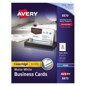 Avery Clean Edge Printable Business Cards For Inkjet Printers, Matte, 2&quot; x 3.5&quot;, White, 10 Cards/Sheet, 100 Sheets/Box